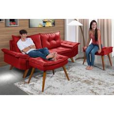 Sofa Bariloche 3 Lugares Com Pes em madeira Mais Duas Banquetas Rubi E