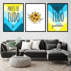 Kit 03 Quadros Decorativos Fé E Gratidão Girassol - Quadros On-Line