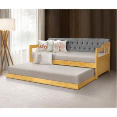Bicama Dublin Estofado Capitonê Veludo Cinza Madeira com Cama Auxiliar 2 Colchões - Imbuia