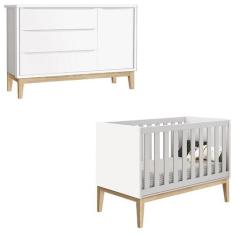 Berço Americano e Cômoda Infantil 1 Porta Classic Branco com Pés Madei