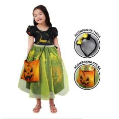 Fantasia Halloween Infantil Menina Bruxinha de Luxo Com Tiara e Bolsin