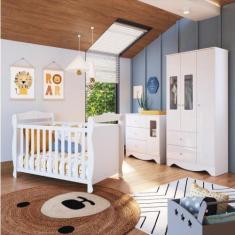 Quarto de Bebê Guarda Roupa Cômoda com Janelas Retângulo e Berço Ameri
