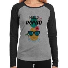 Baby Look Raglan Hello Verão Manga Longa - Foca na Moda, Cinza, Preto,