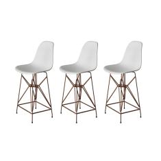 Kit 3 Banquetas Bistrô Alta Eames Branca Base Ferro Cobre