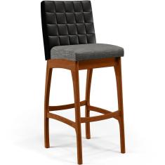 Banqueta Alta Mila B04 Assento em Linho Estrutura em Madeira com Encosto Fixo Preto Cinza Escuro