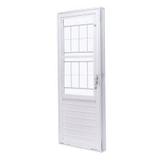 Porta De Aço Com Postigo 215X83Cm Com Grade Quadriculada E Vidro Liso Unicsol Ramassol