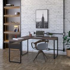 Mesa De Escritório Em L Estilo Industrial 135x150cm Kuadra Nogal / Est.preta
