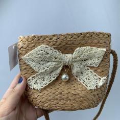 Bolsa Infantil Feminina Mini Bag Em Palha Sintética Transversal De Ombro Com Lacinho caramelo