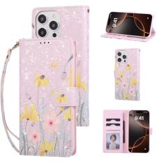 UEEBAI Capa carteira para iPhone 16 Pro Max, capa de telefone de couro PU com suporte e bloqueio de RFID, compartimentos para cartões, alça de pulso, padrão gravado, fecho magnético, flor, carteira