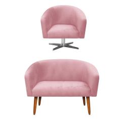Kit 1 Namoradeira 2L e 1 Poltrona Giratória Suede Rosê