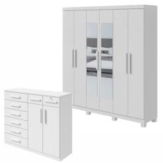 Conjunto de Guarda-roupa 6 Portas Jazz com Espelho e Pés e Cômoda Toronto Branco