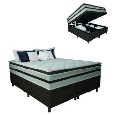Cama Box Baú Casal King Gazin Colchão Molas Ensacadas Pillow Top Love Story 193x203x71cm Branco / Marrom - Suporta Até 120Kg Por Pessoa