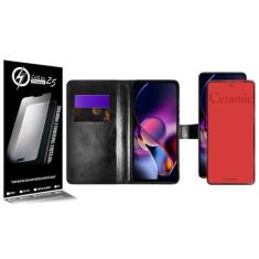 Capa Case Carteira material sintético Preto + Película Cerâmica Fosca 