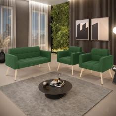 Kit 1 Sofá Namoradeira e 2 Poltronas Elisa Suede Pés Palito Natural D0