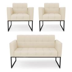 Kit 1 Sofá Namoradeira e 2 Poltronas Elisa Linho Bege A19 Base Metálica Industrial Preto D03 - D'Rossi