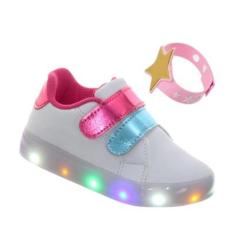 Tenis Infantil de Menina Com Luzinha que Pisca Branco Pink mais Pulseira-Feminino