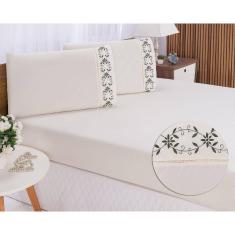 Jogo lençol king casal bordado 3peças Palha Verde veneza