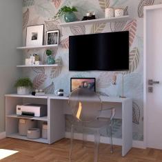 Conjunto Home Office com Escrivaninha, Estante Baixa e 3 Prateleiras Bramov Cinza Cristal