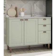 Balcão Para Cozinha 2 Portas 3 Gavetas Provençais sem Tampo Iluminata Genialflex Verde Mint