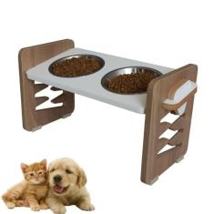 Comedouro Elevado Duplo Pet Mdf Cães E Gatos Zig Zag Regulagem de Altura - Inox
