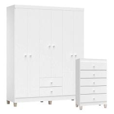 Cômoda Gaveteiro E Guarda Roupa 6 Portas Ternura Baby Branco Brilho - Incorplac