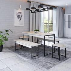 Conjunto Mesa de Jantar com 2 Bancos 2 Banquetas Estilo Industrial Act