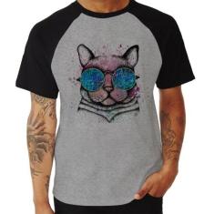 Camiseta Raglan Gato de Óculos Psicodélico - Foca na Moda, Cinza, Pret
