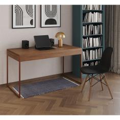 Mesa De Escritório Industrial Malta Amêndoa 137X53Cm Base Cobre Com 1 Cadeira Preta Mad Cor: Amendoa
