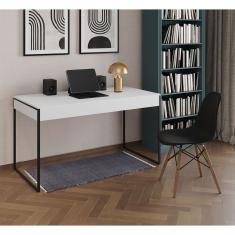 Mesa De Escritório Industrial Branca 137X53Cm Base Ferro Preto Com 1 Cadeira Pretae
