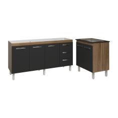 Armário Cozinha Balcão Gabinete De Pia 160 Cm Estela E Balcão Fran Para Fogão Cooktop 4 Bocas Savana Preto