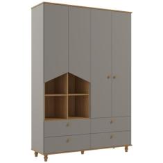 Guarda Roupa Infantil Fendi Nature Mdf Gavetas Telescópicas Pés Madeira 4 Portas Roupeiro Casinha