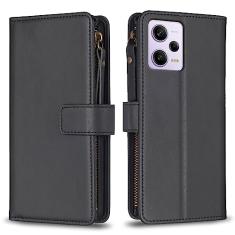 Capa com alça de pulso Xiaomi Redmi Note 12 Pro, 9 compartimentos para cartão, 1 carteira de couro com zíper, função de suporte, fecho magnético, capa para celular compatível com Redmi Note 12 Pro 5G