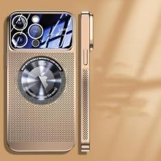 Capa magnética de dissipação de calor para iPhone 13 11 12 14 15 Pro Max Lente de vidro de malha galvanizada Ampliar logotipo Capa de telefone, dourada, para iPhone 14 Pro