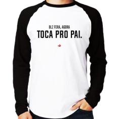 Camiseta Raglan Toca pro pai Manga Longa - Foca na Moda, Branco, Preto