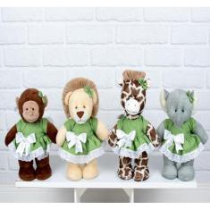 KIT SAFARI VESTIDO COM LESE PELUCIA EM PÉ 20cm - LEÃO, ELEFANTE, MACAC
