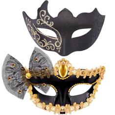 SIQUK Conjunto de máscaras para casais, máscaras venezianas de plástico, fantasia de Halloween, máscara de carnaval para mulheres e homens, Laço preto e dourado, tamanho �nico