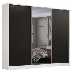 Guarda Roupa Casal 3 Portas de Correr Espelho Branco e Preto