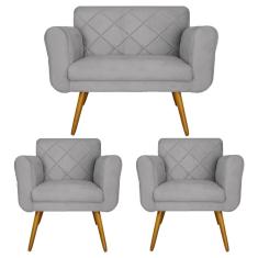 Kit Namoradeira e 2 Poltrona Decorativa Sala Comercial Isabella Suede Cinza - dl decor