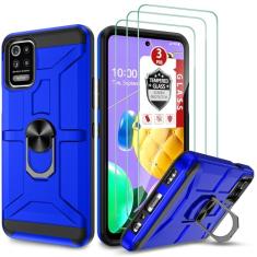GAMEMIUZ Capa para LG K52/LG Q52/LG K42, LG K62 / K62 Plus com [protetor de tela de vidro temperado 3x], suporte de anel integrado e capa protetora magnética à prova de choque à prova de quedas - Azul
