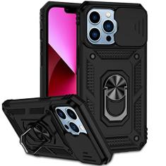 Ailampe Capa para iPhone 13 Pro com capa para câmera e suporte, proteção de lente deslizante + suporte de anel giratório de 360°, resistente a impactos, à prova de choque, amortecedor, capas para