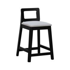 Banqueta Média River Madeira Maciça - Preto Assento Estofado Linho Bege Mescla Impermeável