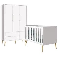 Quarto com Berço Theo e Guarda Roupa 3 Portas e Pés Madeira Natural - Reller Móveis Branco Fosco