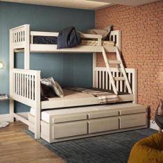 Treliche com Cama de Casal Branco Lavado c/ Cama Auxiliar 3 Gavetas Ma