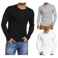 KIT COM 3 Camiseta HENLEY Classic SLIM FIT Manga Longa Gola Portuguesa