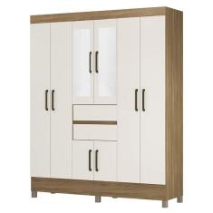 Guarda Roupa Casal Munique 8 Portas de Bater 2 Gavetas MDP com Espelho Amêndola-Off White Demóbile