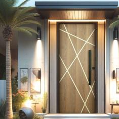 Kit Porta de Madeira Frisada 215x117cm Batente 14cm Fechadura Rolete e Puxador Rodam Natural