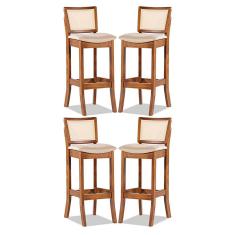 Kit 4 Banquetas Alta Portugal com Encosto em Rattan Estofado Linho Bege M58 RMI