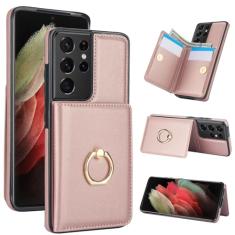 Capa carteira para Samsung Galaxy S21 Ultra com suporte para cartão, capa de couro com bloqueio RFID, suporte de anel giratório de 360° com fecho magnético à prova de choque para Samsung S21 Ultra de