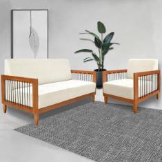 Conjunto Sofá Namoradeira e Poltrona Sala de Estar Pés Madeira Maciça 