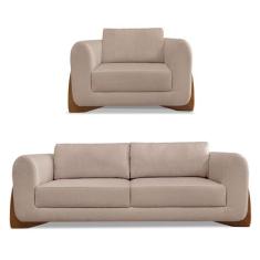 Kit Poltrona e Sofá Living 2 Lugares 1,80m Lottus Linho Pés Castanho -